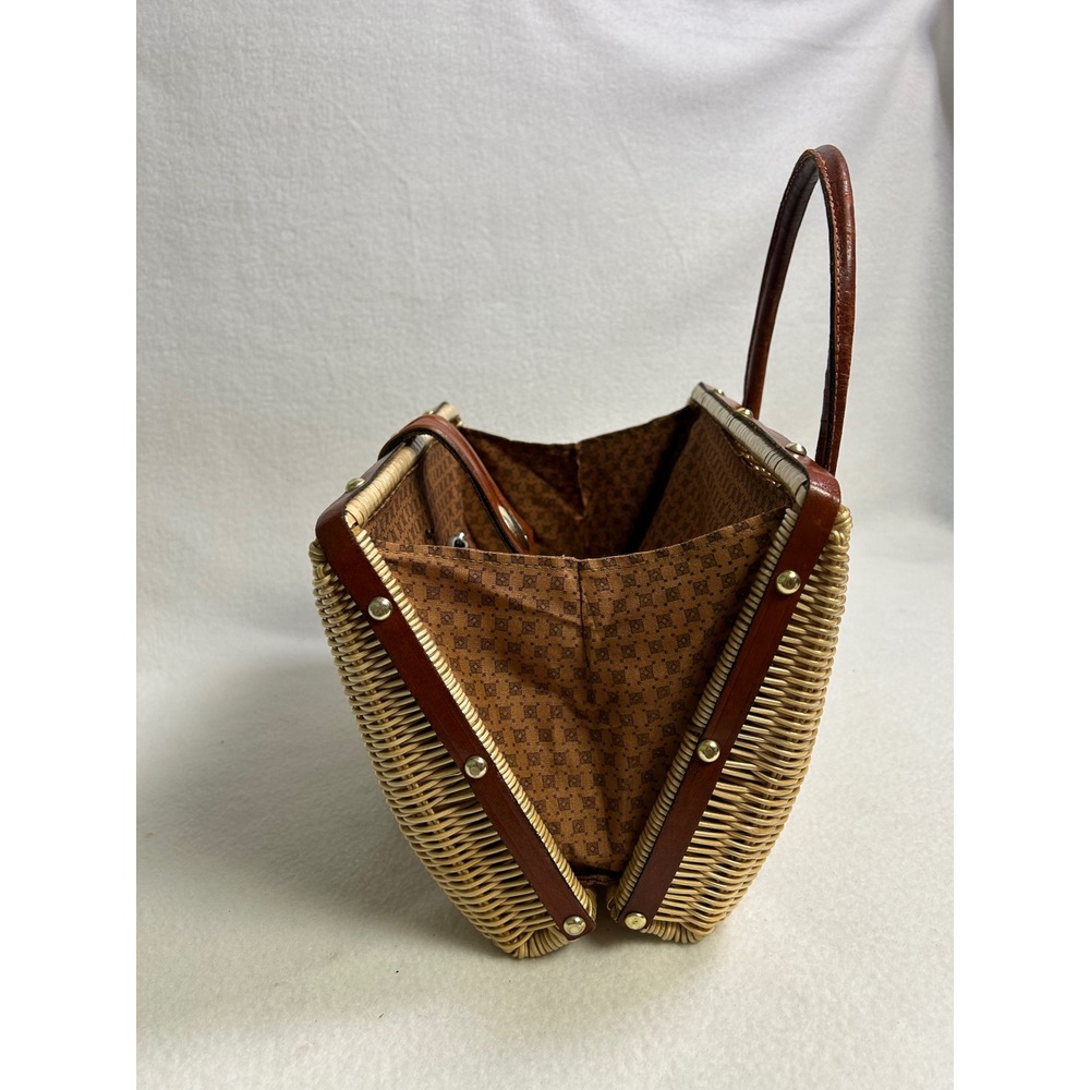 Cottagecore Vintage Women Medium Brown Wicker Leather Satchel Classic Timeless - Picture 7 of 12